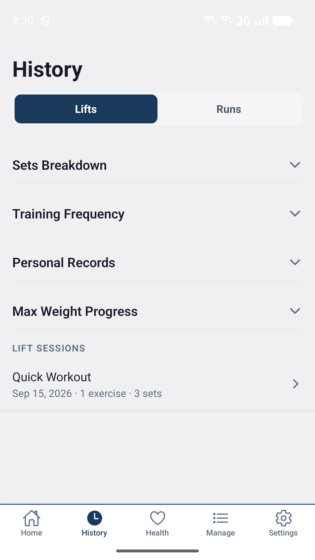 The history screen with lifts and runs tabs, sets breakdown, training frequency and personal records.