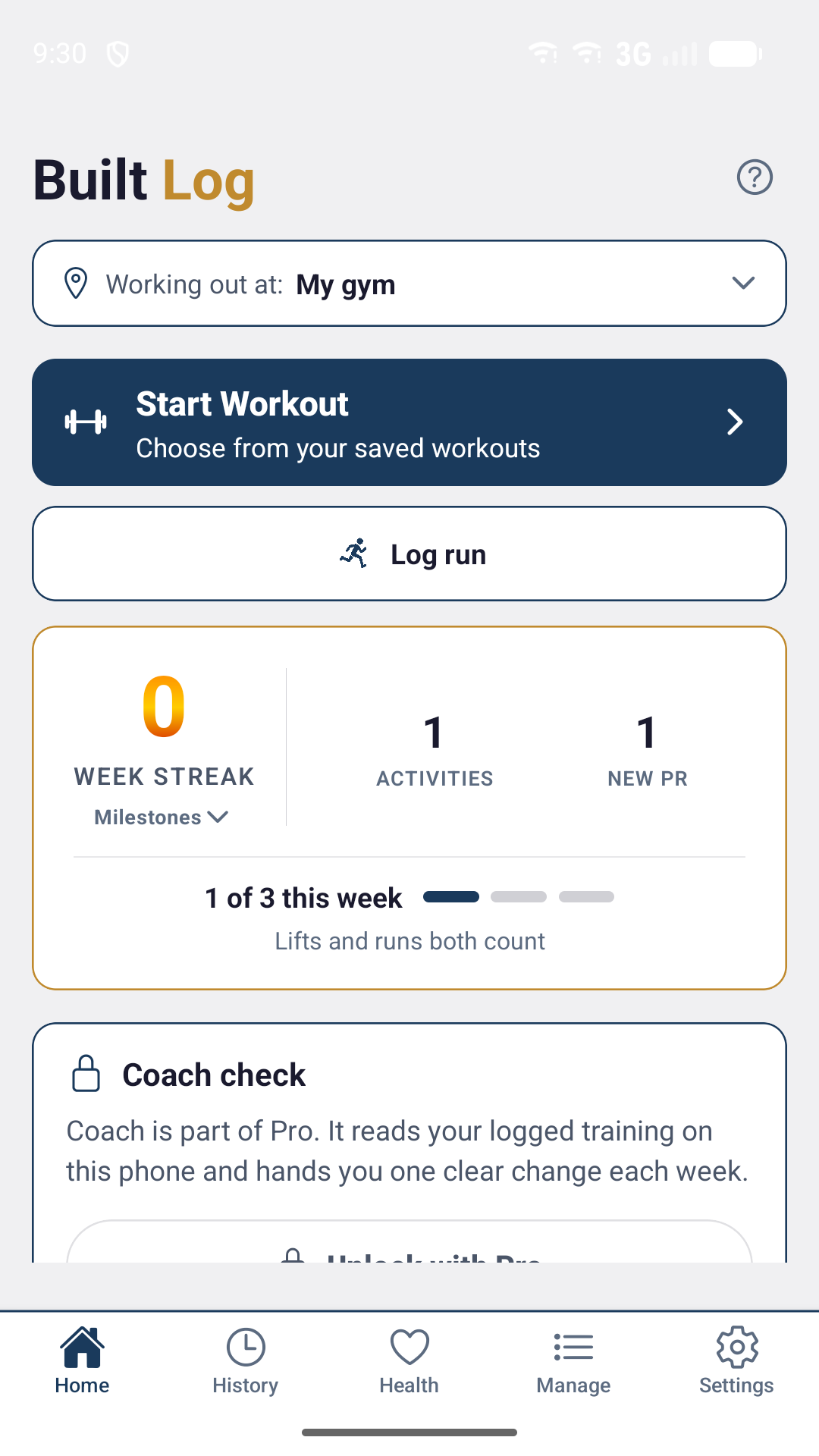 The home screen with a week streak card, activity count and new personal record count.