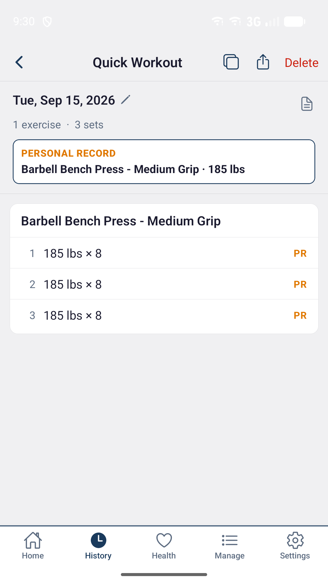 A finished session showing a personal record banner for barbell bench press at 185 pounds, with each set marked PR.