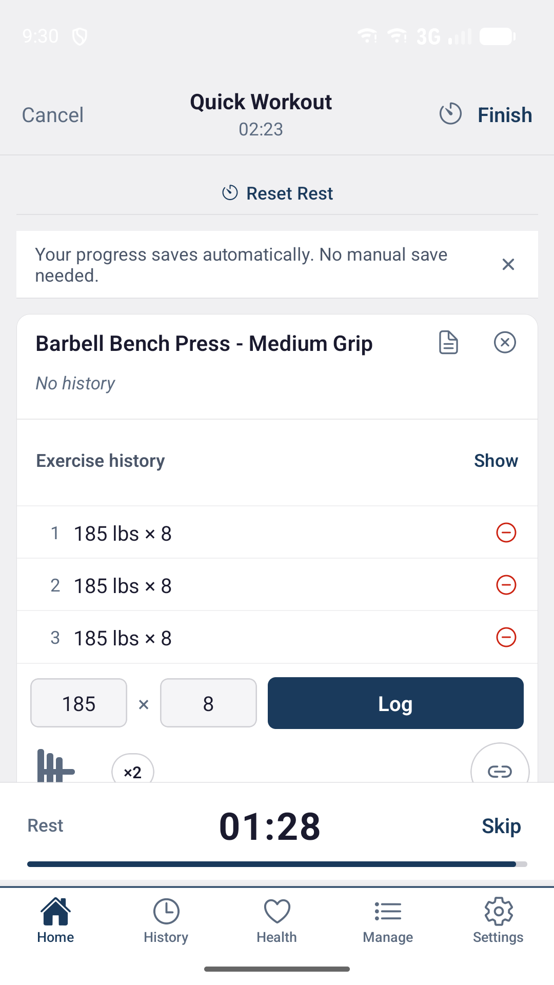 An active workout with three logged sets of bench press and a rest timer counting down.